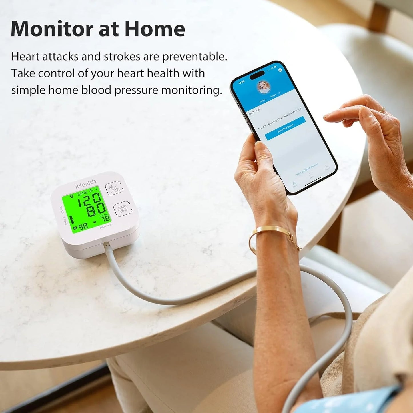 Track Wireless Upper Arm Blood Pressure Monitor with Wide Range Cuff, Bluetooth Compatible for Apple & Android Devices