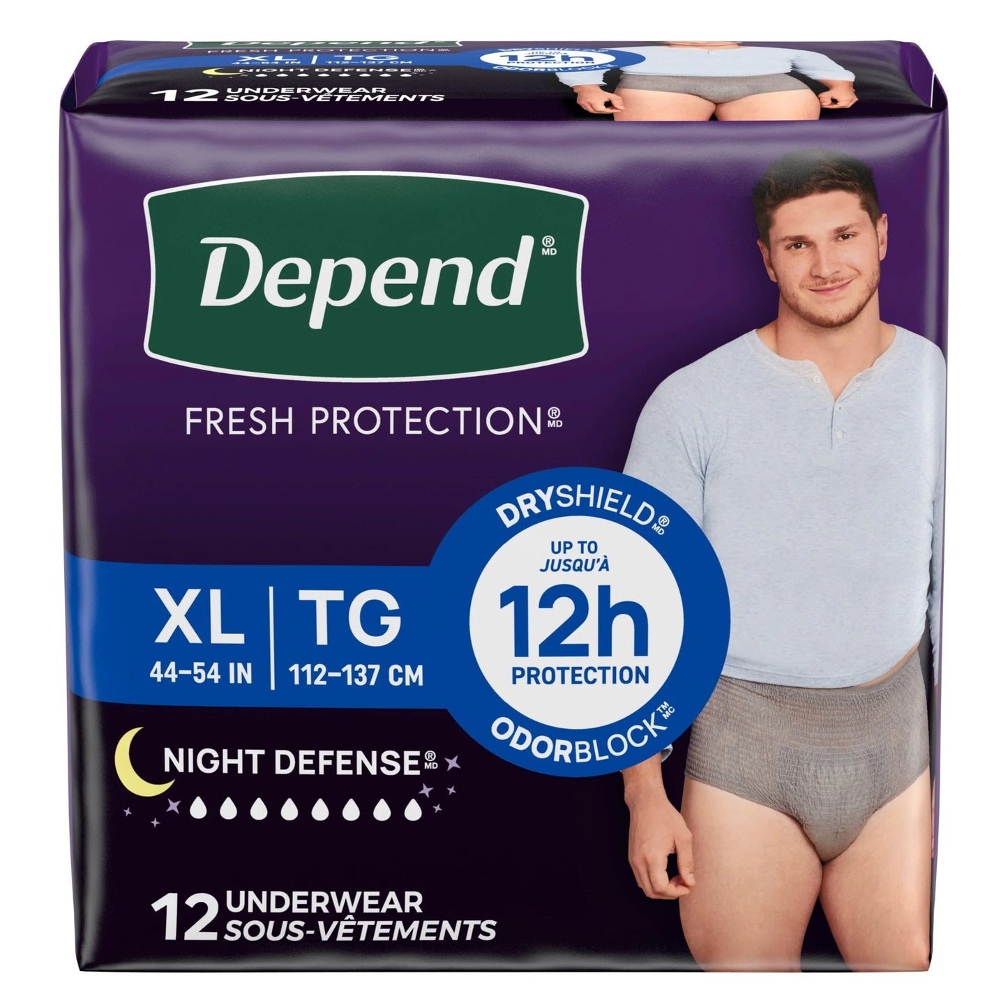 Night Defense Incontinence Underwear for Men, Adult Diapers, XL, 12 Count