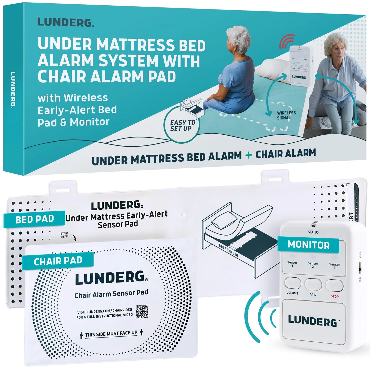under Mattress Bed Alarm for Elderly Adults & Chair Alarm Set - Wireless Early-Alert Bed Pad, Chair Pad & Pager - Bed Alarms and Fall Prevention for Elderly and Dementia Patients