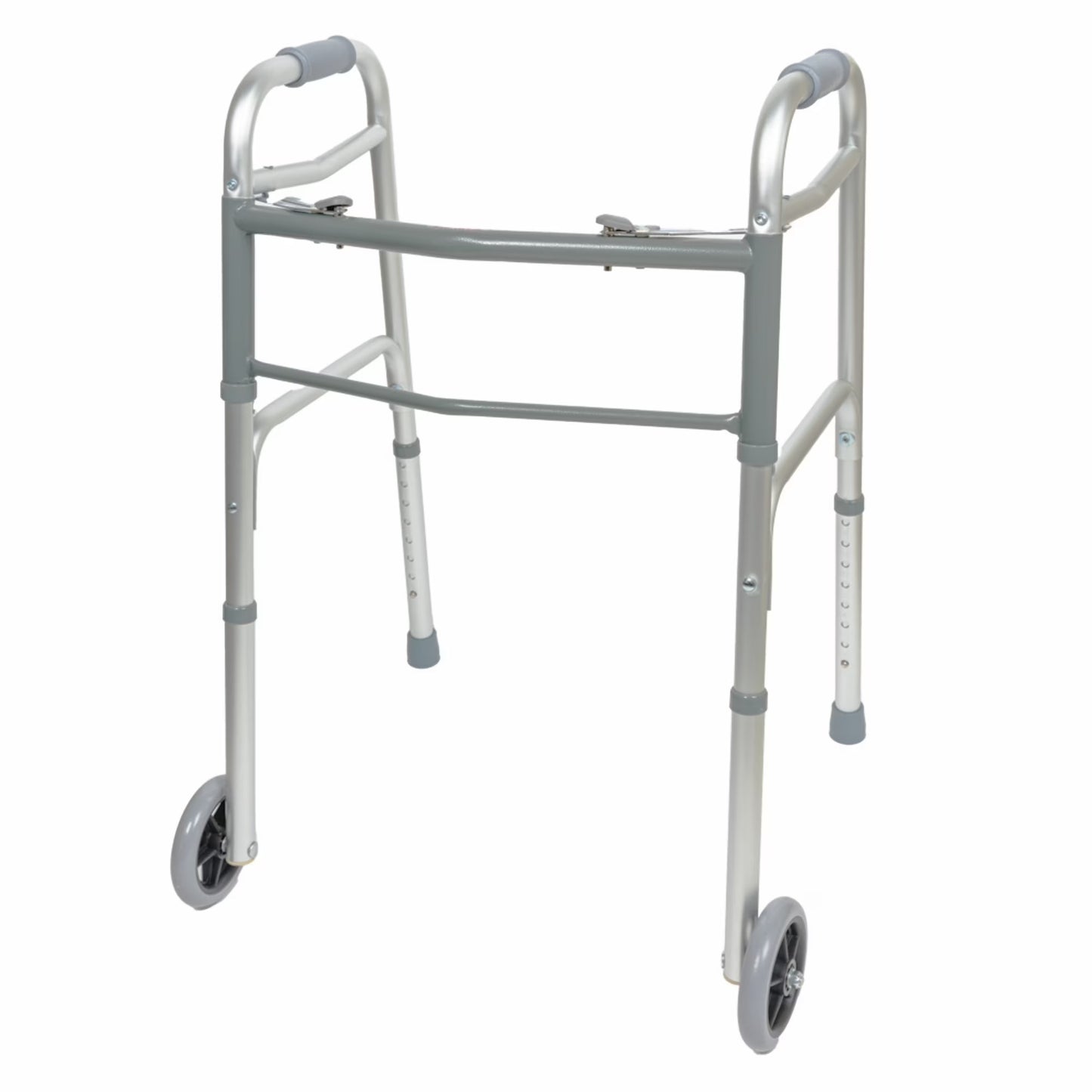 Two Button Folding Walker with Wheels, Lightweight Mobility Aid with Foam Grips for Seniors and Adults, 300 Lb. Maximum Weight Capacity