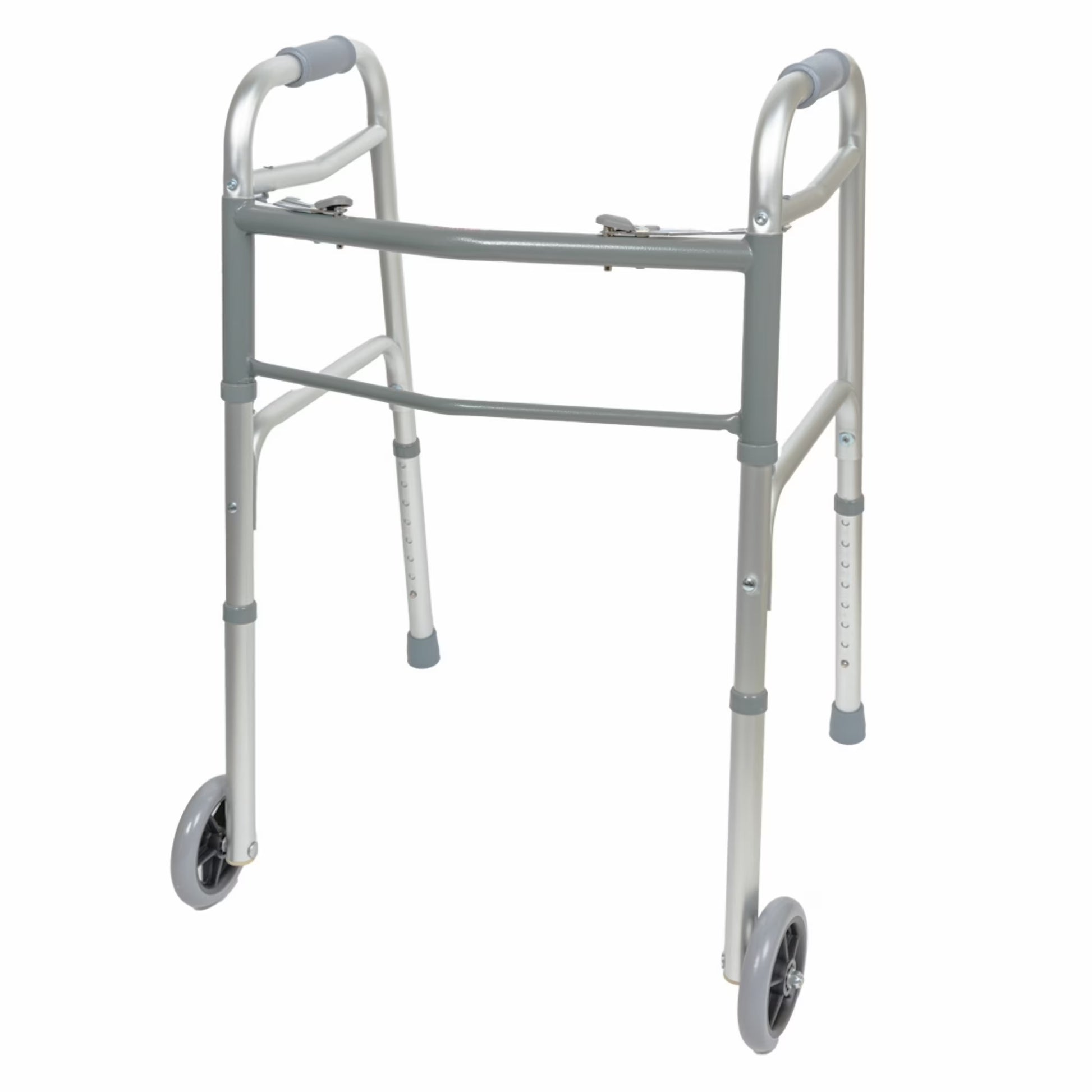 Two Button Folding Walker with Wheels, Lightweight Mobility Aid with Foam Grips for Seniors and Adults, 300 Lb. Maximum Weight Capacity
