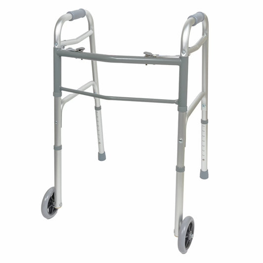 Two Button Folding Walker with Wheels, Lightweight Mobility Aid with Foam Grips for Seniors and Adults, 300 Lb. Maximum Weight Capacity