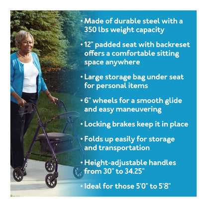 Steel Rollator Transport Walker with Padded Seat, 6" Wheels & Storage Pouch, 350 Lb Capacity