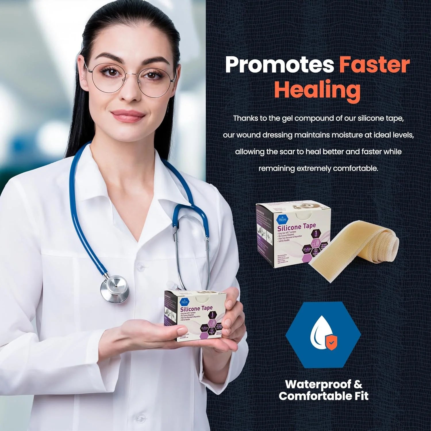 Med Pride Medical-Grade Silicone Bandages 1.5" X 1.6 Yards, Waterproof Skin Tape for Scar & Wound Care