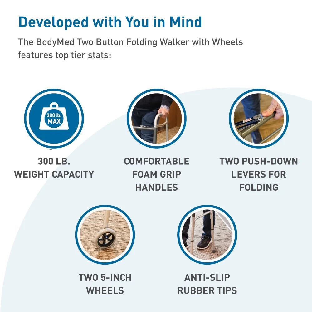 Two Button Folding Walker with Wheels, Lightweight Mobility Aid with Foam Grips for Seniors and Adults, 300 Lb. Maximum Weight Capacity