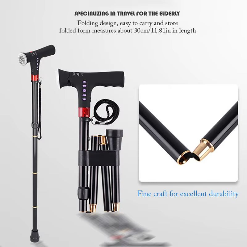 1Pcs Telescopic Folding Cane with Alarm LED Walking Trusty Sticks Cushionable Elder Crutches Elder Cane for Outdoor Travel