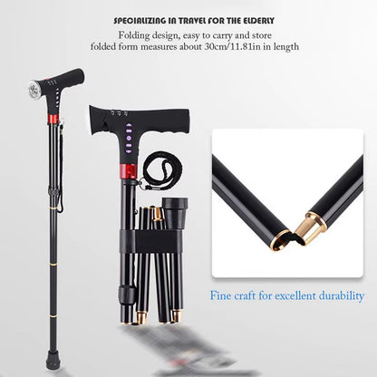 1Pcs Telescopic Folding Cane with Alarm LED Walking Trusty Sticks Cushionable Elder Crutches Elder Cane for Outdoor Travel