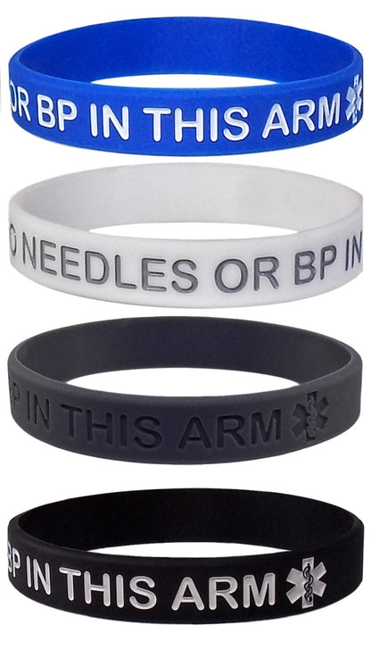 4 PACK UNISEX - Lymphedema Alert "NO NEEDLES or BP THIS ARM" Wristbands