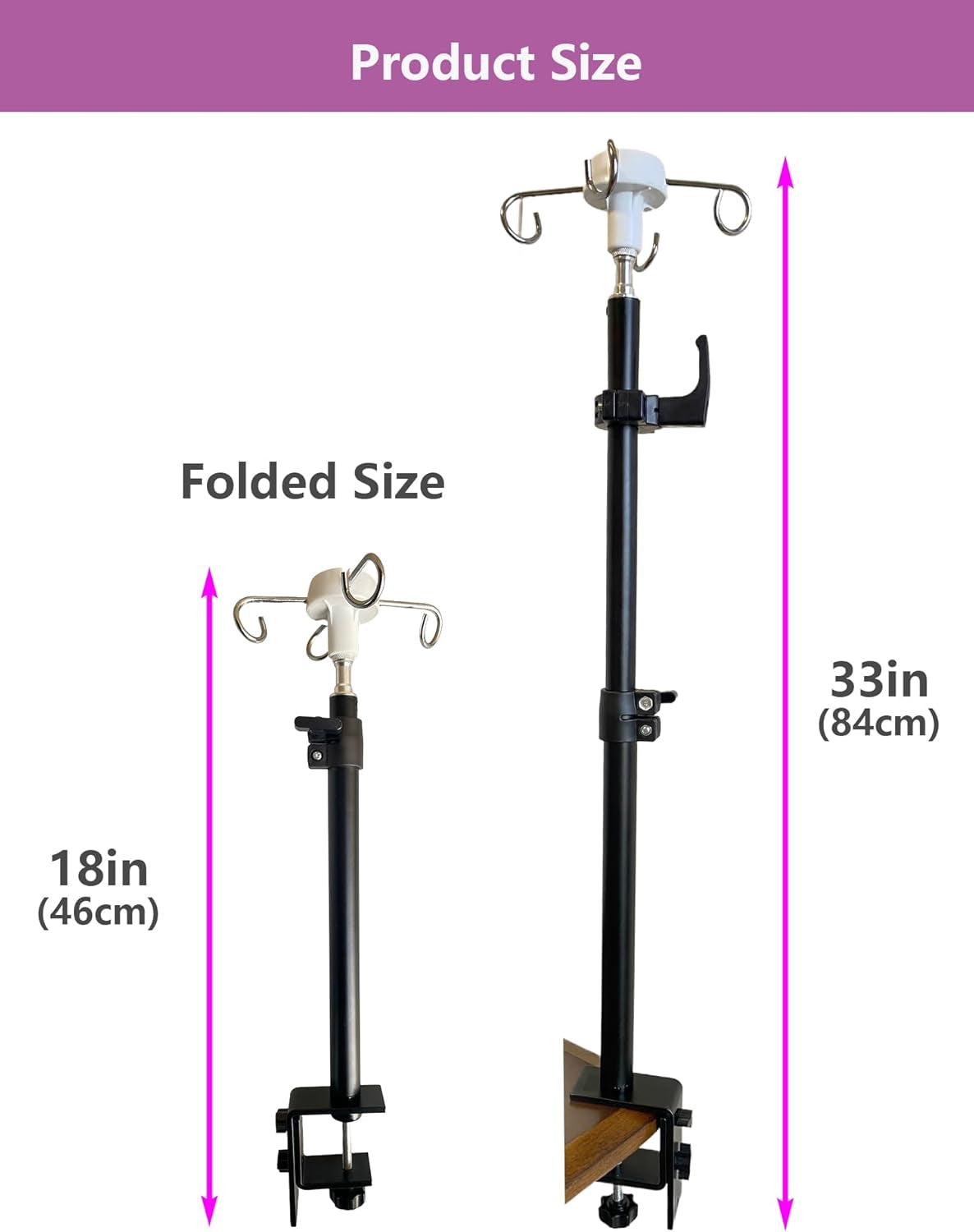 Portable IV Pole Stand, Foldable Adjustable IV Holder with 4 Hooks for Home Care