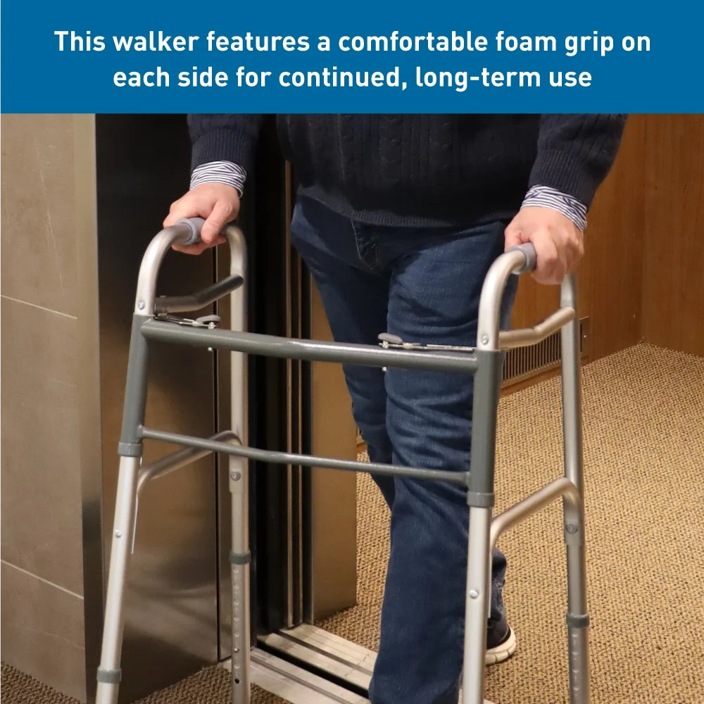 Two Button Folding Walker with Wheels, Lightweight Mobility Aid with Foam Grips for Seniors and Adults, 300 Lb. Maximum Weight Capacity