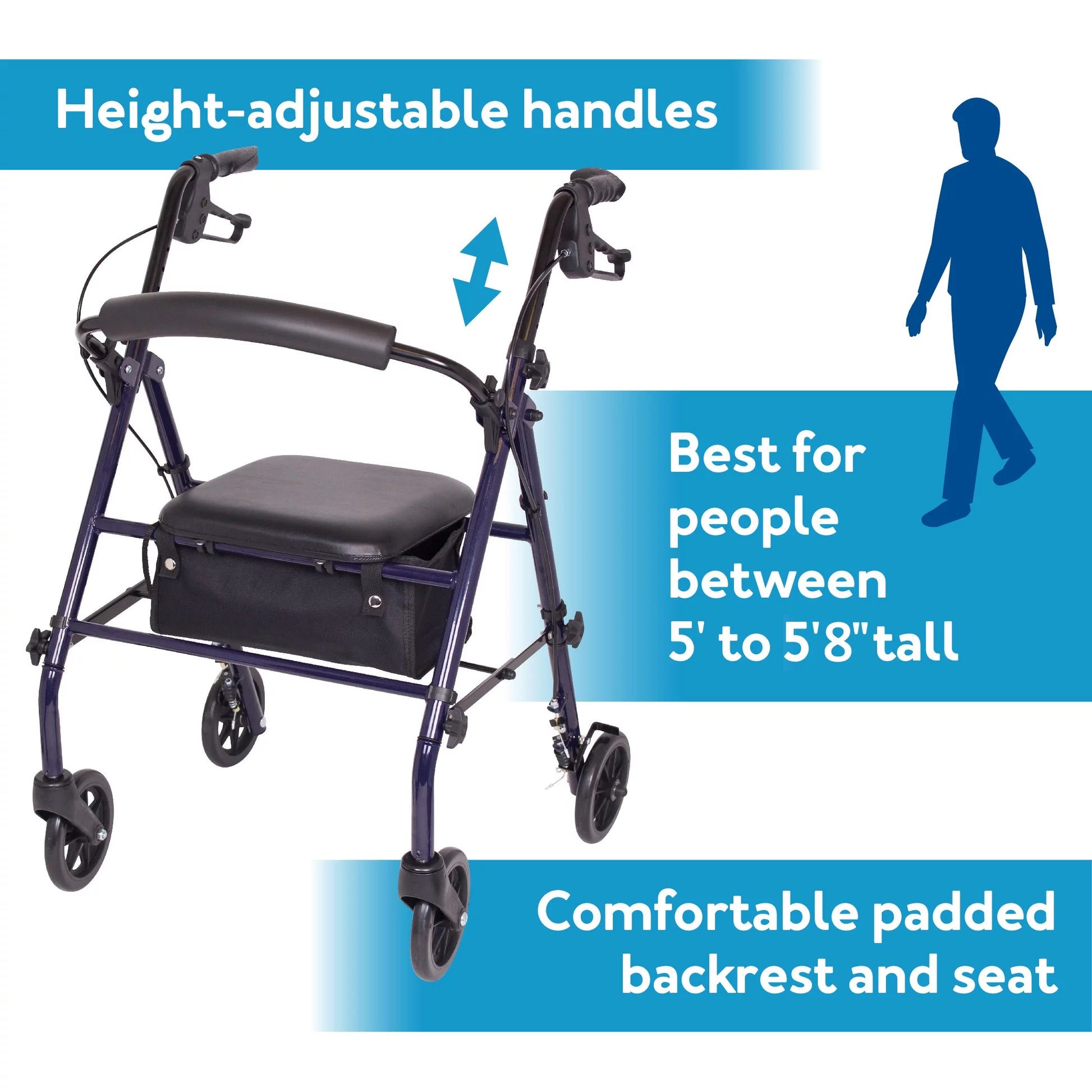 Steel Rollator Transport Walker with Padded Seat, 6" Wheels & Storage Pouch, 350 Lb Capacity