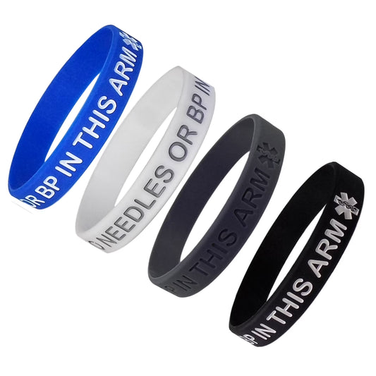 4 PACK UNISEX - Lymphedema Alert "NO NEEDLES or BP THIS ARM" Wristbands