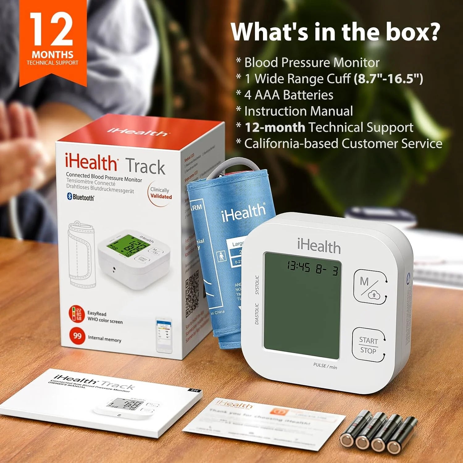 Track Wireless Upper Arm Blood Pressure Monitor with Wide Range Cuff, Bluetooth Compatible for Apple & Android Devices