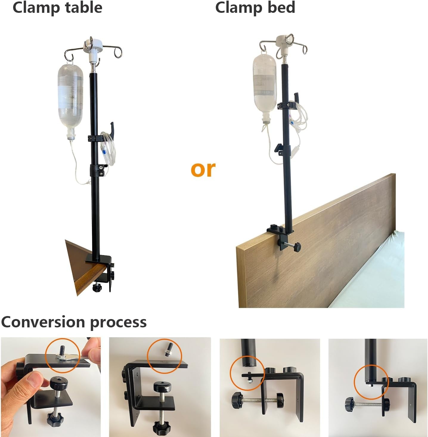 Portable IV Pole Stand, Foldable Adjustable IV Holder with 4 Hooks for Home Care