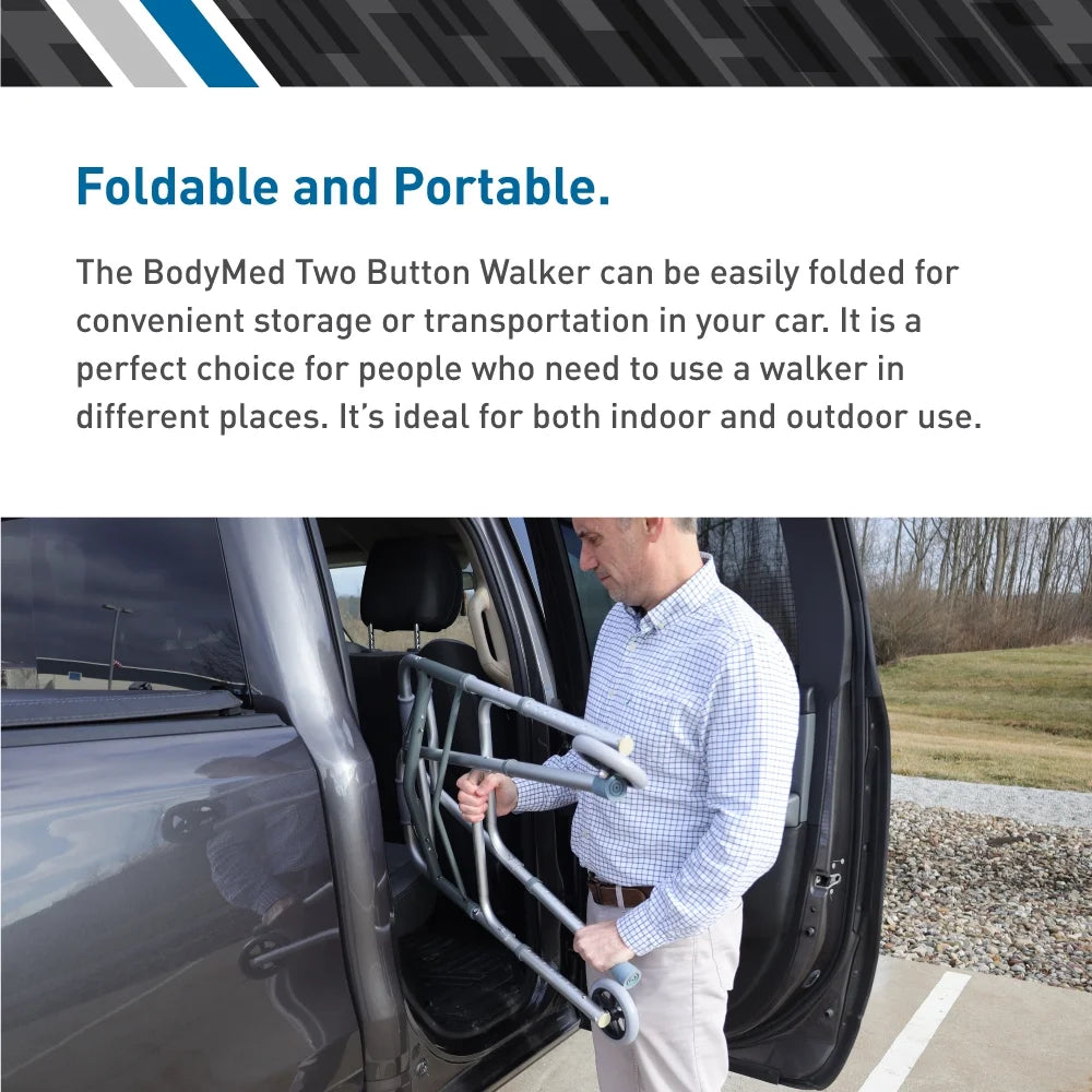 Two Button Folding Walker with Wheels, Lightweight Mobility Aid with Foam Grips for Seniors and Adults, 300 Lb. Maximum Weight Capacity