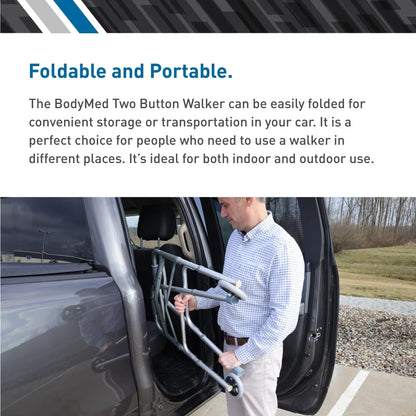 Two Button Folding Walker with Wheels, Lightweight Mobility Aid with Foam Grips for Seniors and Adults, 300 Lb. Maximum Weight Capacity