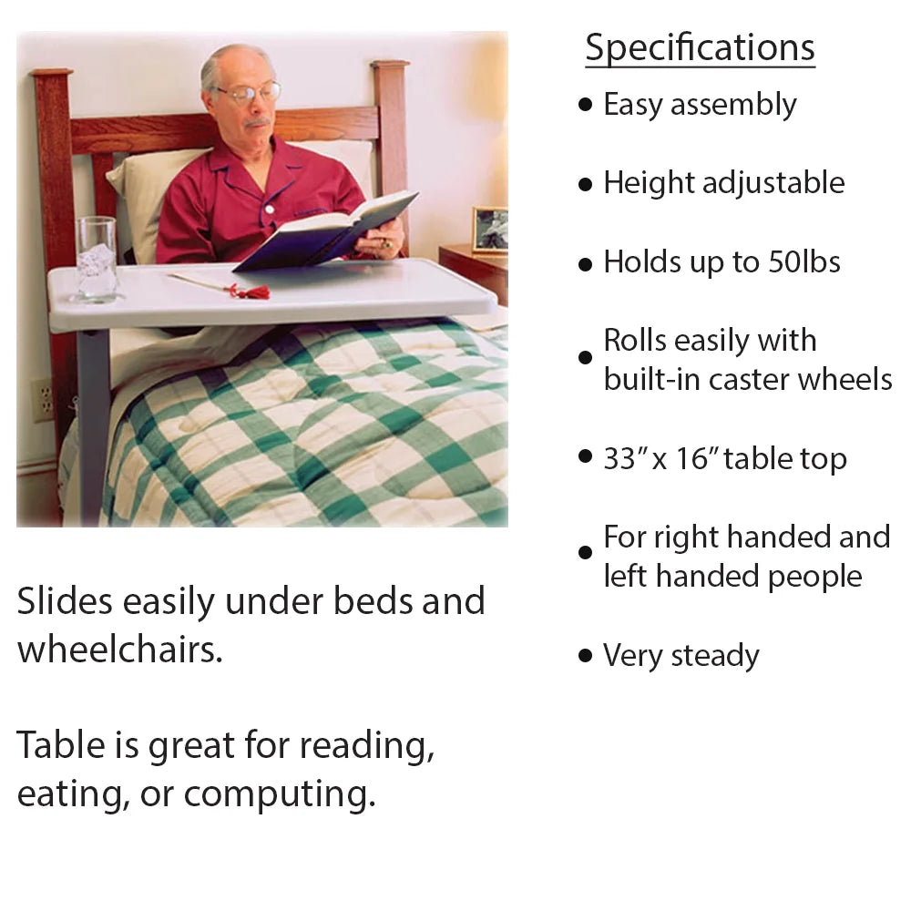 Adjustable Overbed Table with Wheels for Hospital and Home Use, Adjustable and Portable