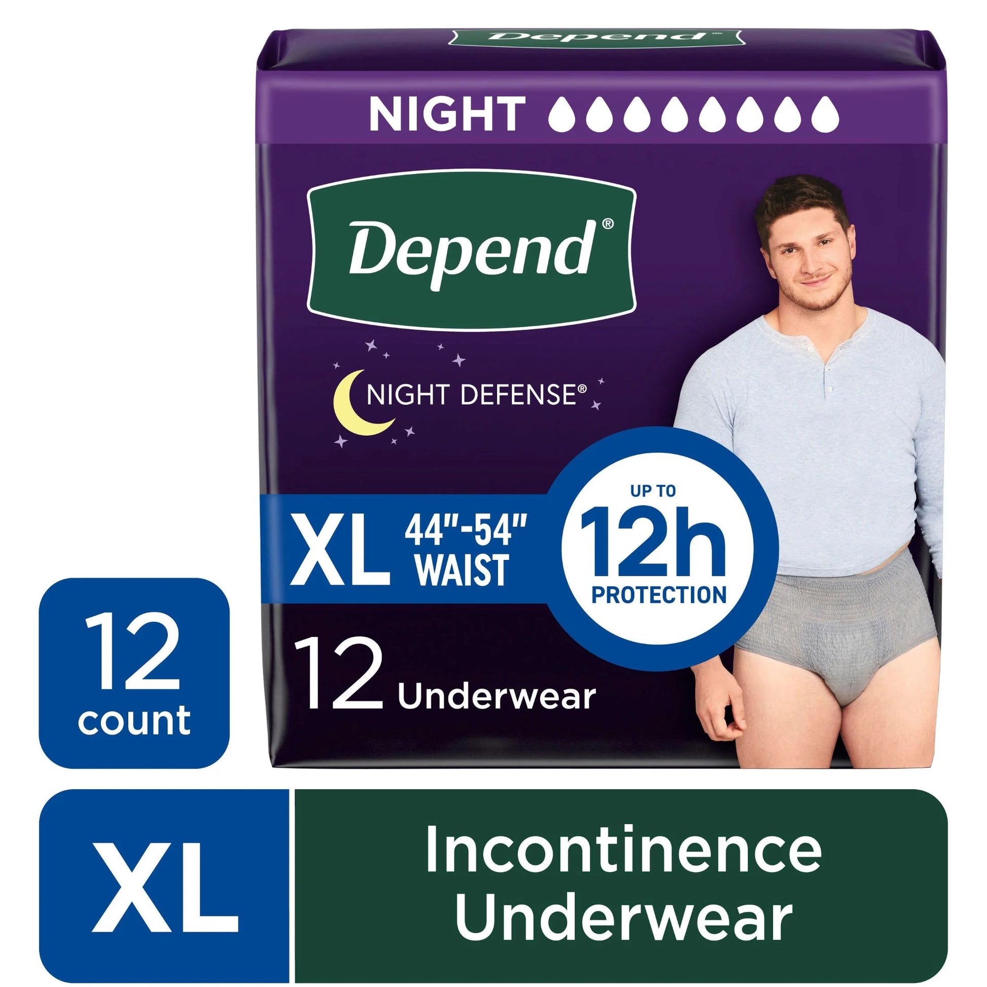 Night Defense Incontinence Underwear for Men, Adult Diapers, XL, 12 Count