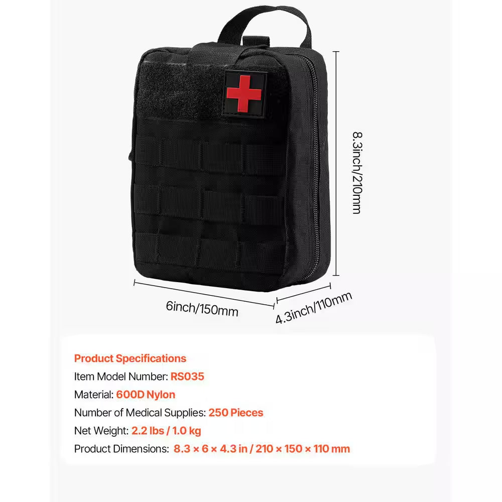 Survival First Aid Kit 250 Pieces 600 D Nylon Trauma First Aid Bag Survival Gear and Equipment Emergency Kits