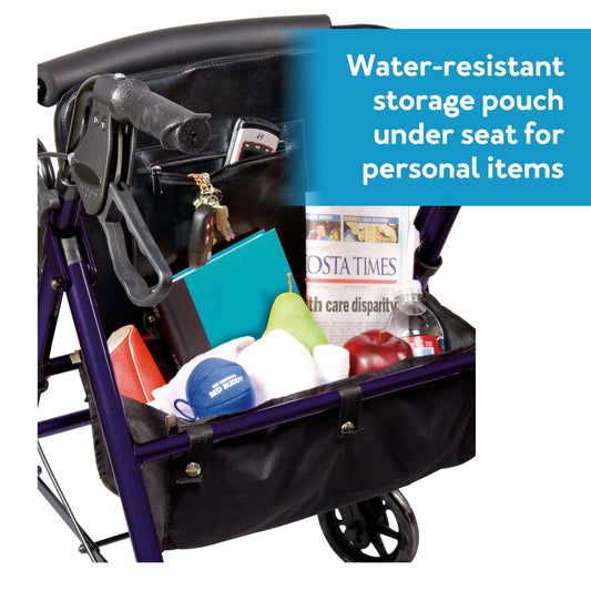 Steel Rollator Transport Walker with Padded Seat, 6" Wheels & Storage Pouch, 350 Lb Capacity