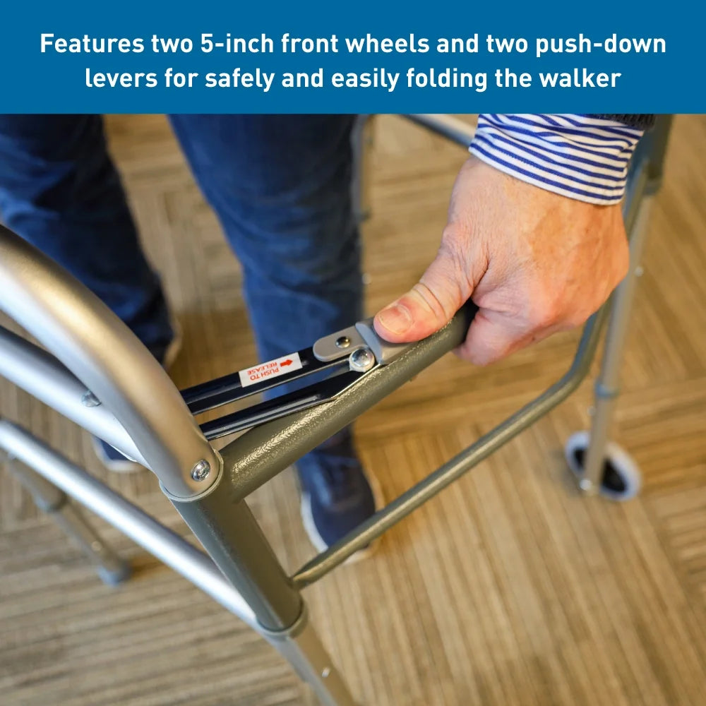 Two Button Folding Walker with Wheels, Lightweight Mobility Aid with Foam Grips for Seniors and Adults, 300 Lb. Maximum Weight Capacity