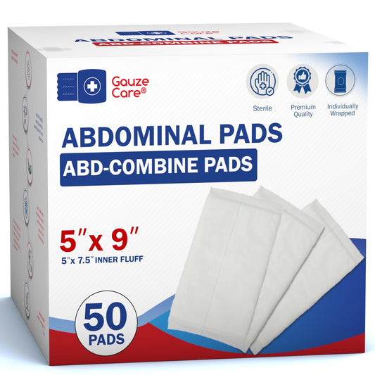 Abdominal Pads, 50 Count, 5"X9" Sterile, Extra Absorbent, Non-Stick, for Heavy Wounds and First Aid Kits