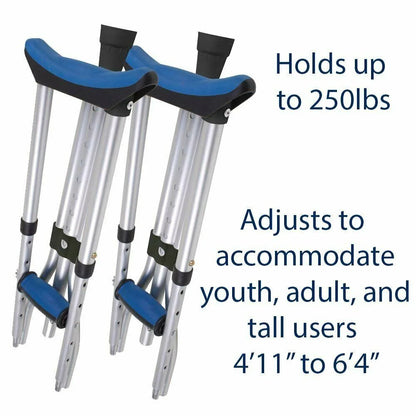 Aluminium Folding Underarm Crutches for Youth, Adult, and Tall Users, 250 Lb Capacity, Gray