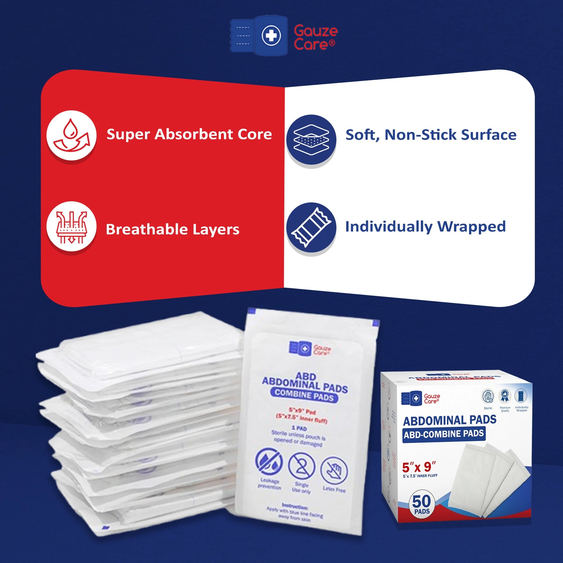 Abdominal Pads, 50 Count, 5"X9" Sterile, Extra Absorbent, Non-Stick, for Heavy Wounds and First Aid Kits