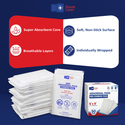 Abdominal Pads, 50 Count, 5"X9" Sterile, Extra Absorbent, Non-Stick, for Heavy Wounds and First Aid Kits