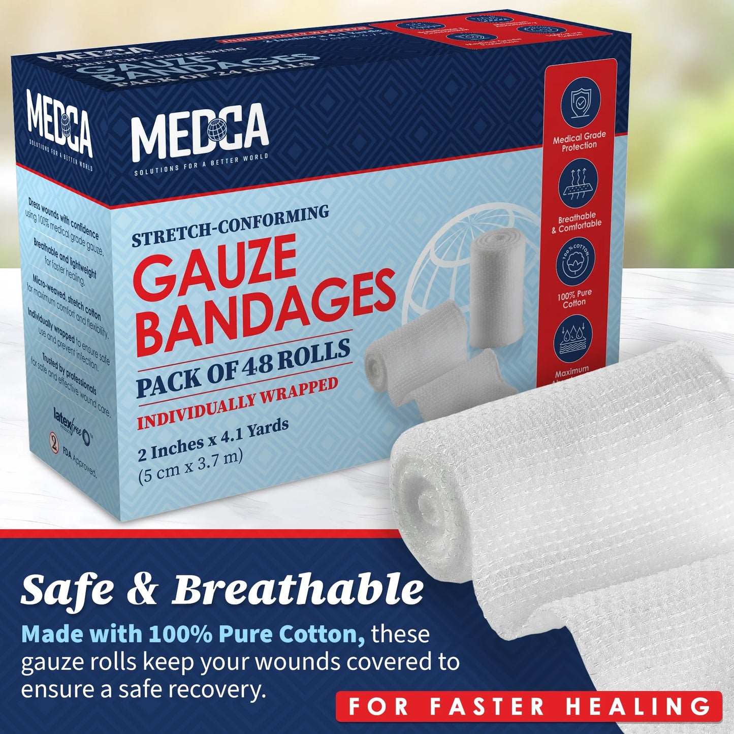 Bandage Rolls 48 Count, 2" X 4.1 Yds Medical Grade Gauze