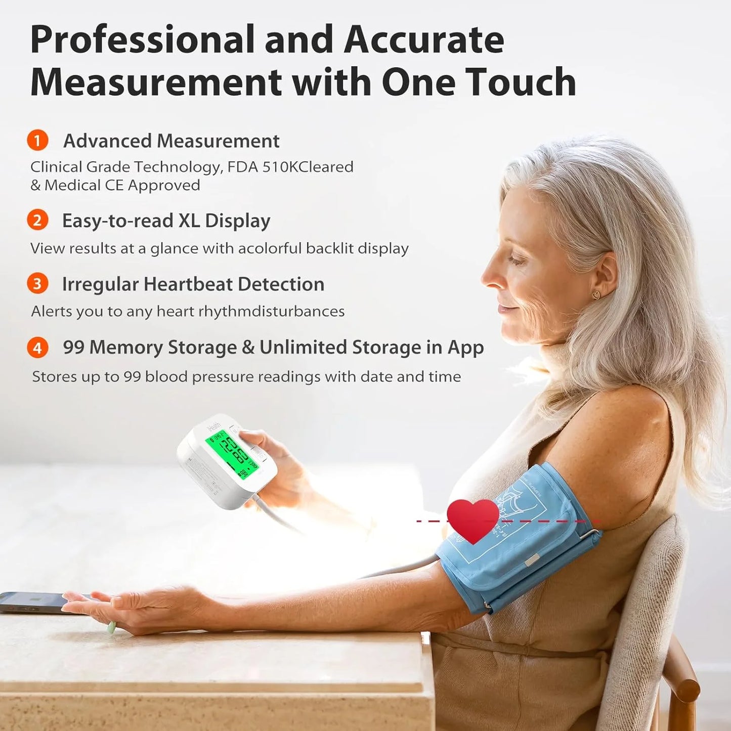 Track Wireless Upper Arm Blood Pressure Monitor with Wide Range Cuff, Bluetooth Compatible for Apple & Android Devices