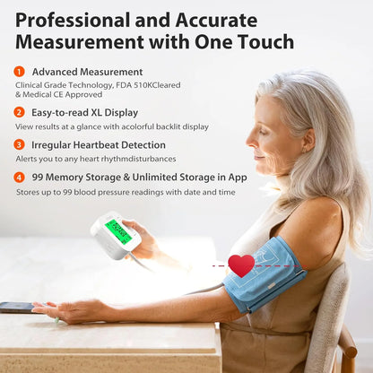 Track Wireless Upper Arm Blood Pressure Monitor with Wide Range Cuff, Bluetooth Compatible for Apple & Android Devices