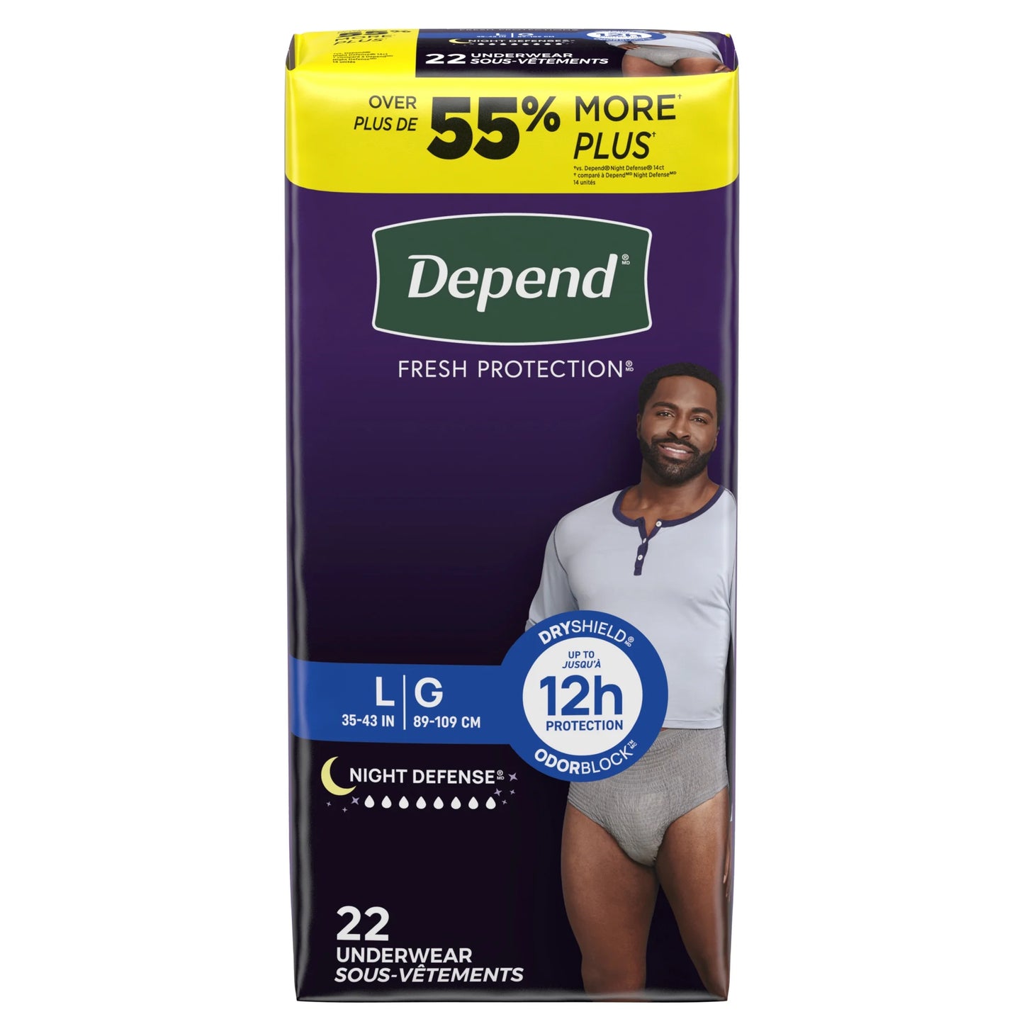 Night Defense Incontinence Underwear for Men, Adult Diapers, L, 22 Count