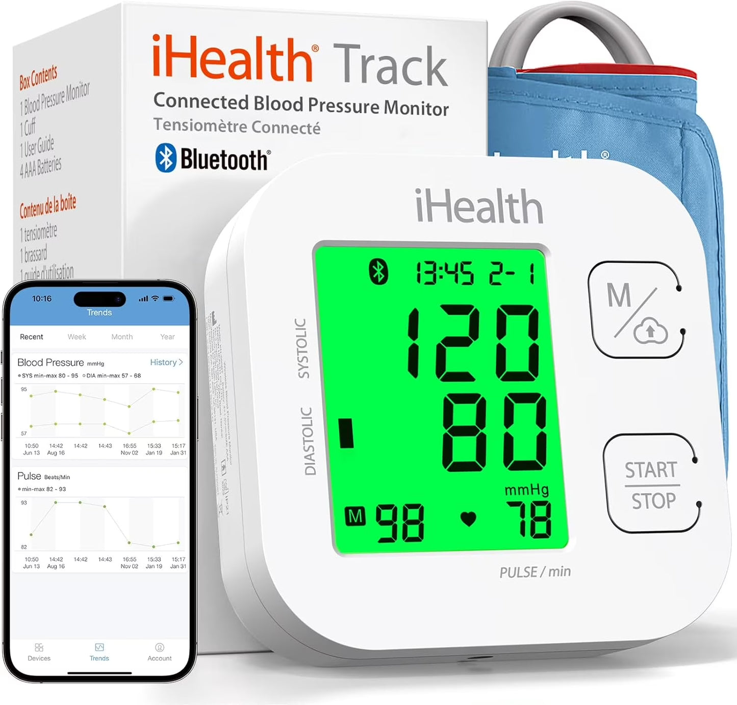 Track Wireless Upper Arm Blood Pressure Monitor with Wide Range Cuff, Bluetooth Compatible for Apple & Android Devices