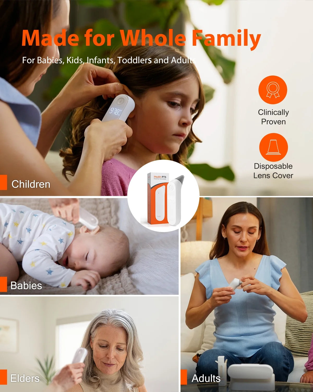 PT5 Digital Ear Thermometer for Babies, Toddlers, Kids, Adults. Baby Thermometer. Hyper Accuracy Infrared Sensor, Pre-Warmed Tip, Large Digits, Sturdy, All-In-One Kit for Home Travel