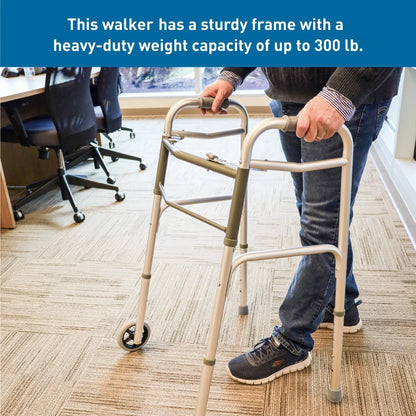 Two Button Folding Walker with Wheels, Lightweight Mobility Aid with Foam Grips for Seniors and Adults, 300 Lb. Maximum Weight Capacity